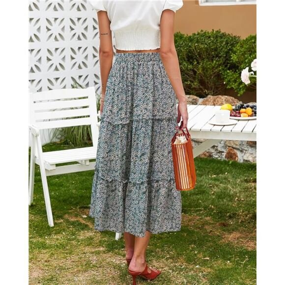 Women's Floral Midi Skirts Elastic High Waist A-Line Swing Skirts - Picture 4 of 7